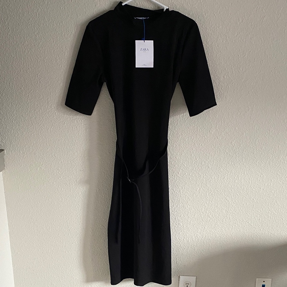 Zara Elegant Black Half Sleeve Dress with stylish belt